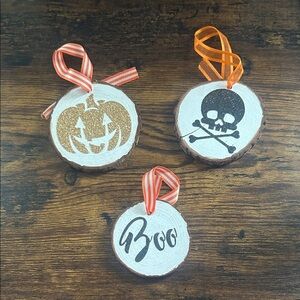 Halloween Wooden Ornaments Set - Gold, Black, and Orange